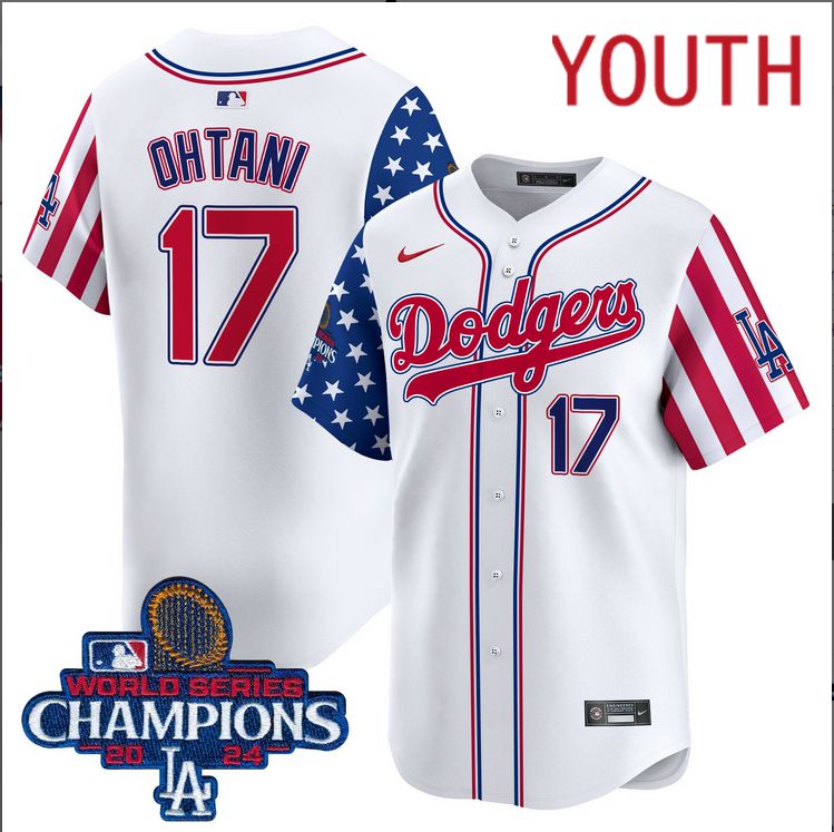 Youth MLB Los Angeles Dodgers #17 Ohtani American Style white 2024 World Series Champions  Limited Jersey